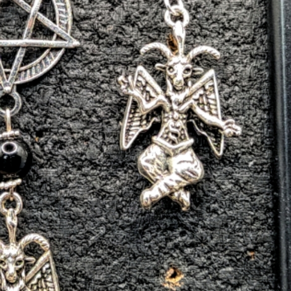 Baphomet Unisex Necklace and Earring Jewelry Set Obsidian Stone - Picture 3 of 3